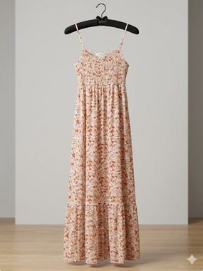 Hippie Rose Ditsy Floral Print Maxi Dress Smocked Bodice Cami Strap Tiered M